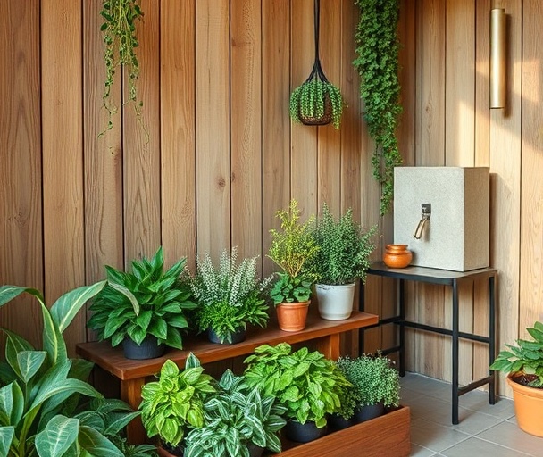 Indoor greenery, refill station and hanging plants